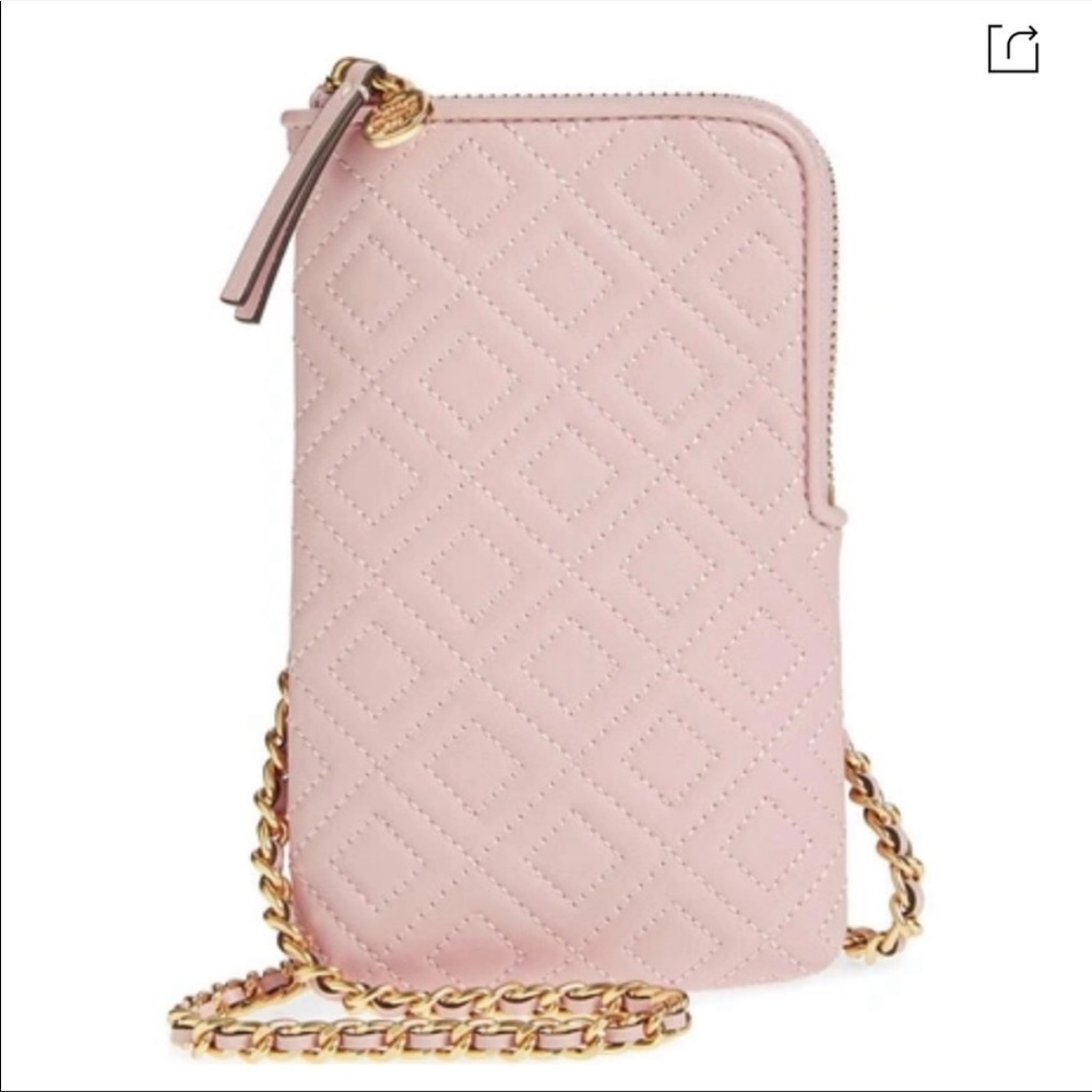 Tory Burch Fleming lamb skin leather phone crossbody bay pink new
